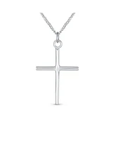 Bling Jewelry Minimalist Delicate Medium Tube Simple Religious Cross Pendant Necklace For Women Polished .925 Sterling Silver