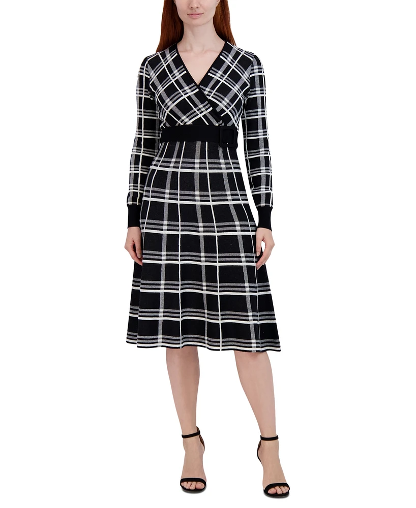 Robbie Bee Women's Plaid Belted Long-Sleeve Fit & Flare Dress