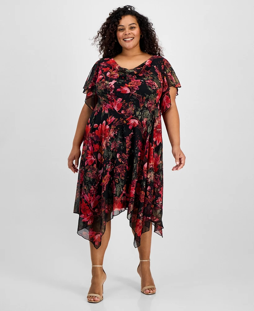 Robbie Bee Plus Floral-Print Cowlneck Asymmetric Dress