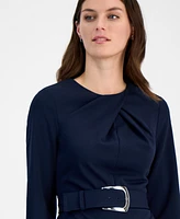 Tahari Petite Belted Twist-Neck 3/4-Sleeve Dress