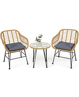 Sugift 3 Pieces Rattan Furniture Set with Cushioned Chair Table-Gray
