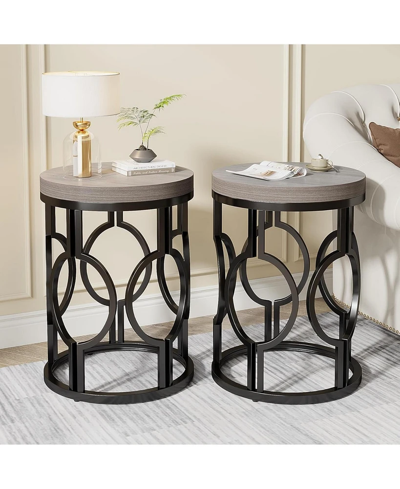 Tribesigns Set of 2 Round Industrial End & Side Table with Metal Hollow Frame, Small Bedside Table Nightstand