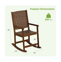 Sugift Patio Wood Rocking Chair with Pu Seat and Rubber Wood Frame
