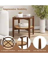 Gymax 2 Pcs 2-Tier Round Side End Table Pe Rattan Nightstand Tempered Glass Tabletop