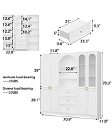 Famapy White Tall Storage Cabinet with Glass Doors & Arch Pattern, Modern Wooden Pantry with Cabinet Doors
