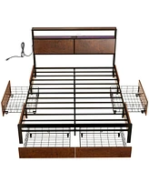 Hausource Full Size Bed Frame with Storage Headboard & Charging Station & 4 Drawers Platform Bed