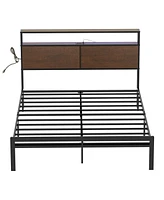 Hausource Full Size Bed Frame w/Storage Headboard Charging Station Led Light No Box Spring Needed