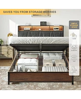 Hausource Lift Up Storage Bed Frame Queen/Full Size with Charging Station No Box Spring Needed, Queen