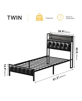 Hausource King/Twin Size Bed Frame with Storage Headboard & Charging Station Upholstered Platform Bed, Twin