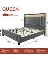 Hausource Queen Size Bed Frame with Velvet Storage Headboard Charging Station Upholstered Platform Bed, Queen