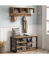 Tribesigns Coat Rack Set and Industrial Shoe Bench, 3 Storage Cubbies, 7 Hooks for Entryway, Hallway, 5-in-1Design