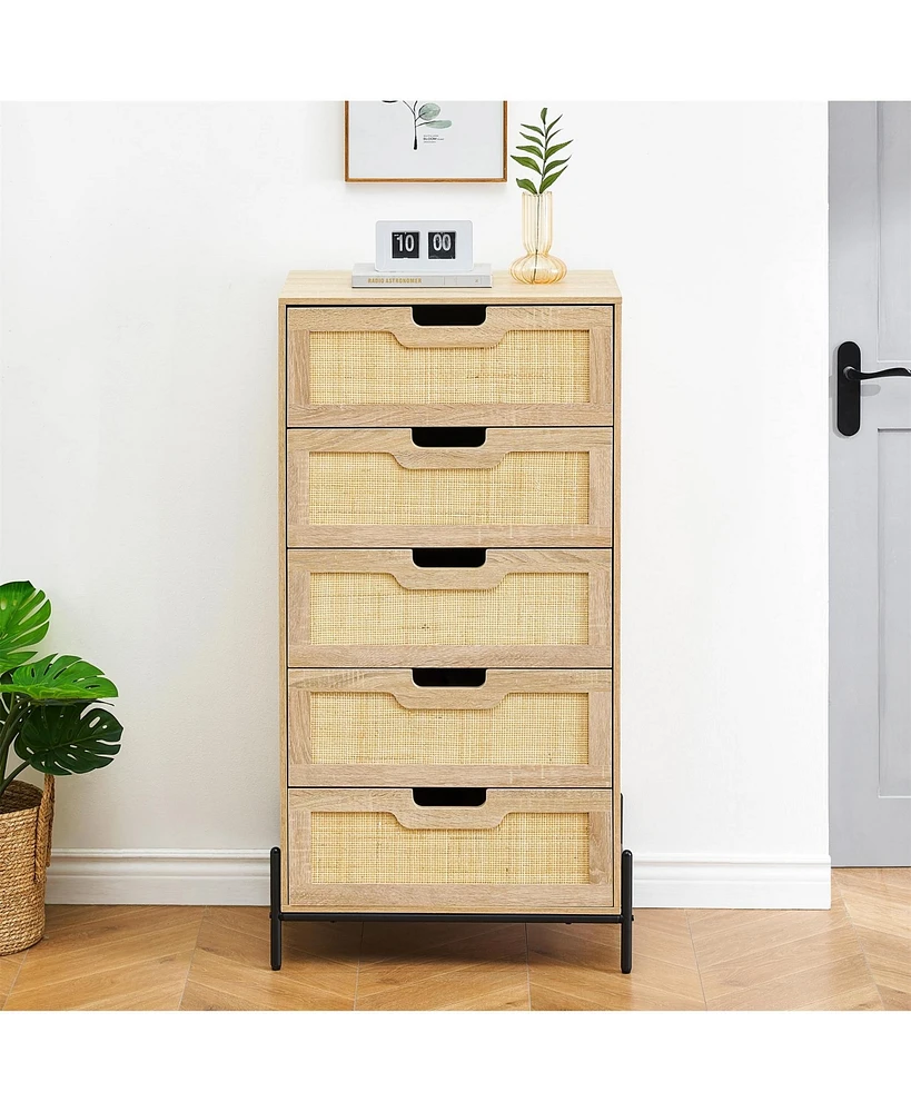 gaomon Modern Rattan 5 Drawers Dresser, Double Dresser for Bedroom, Chest of Drawers Closet Organizers and Storage Clothes