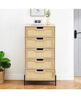 gaomon Modern Rattan 5 Drawers Dresser, Double Dresser for Bedroom, Chest of Drawers Closet Organizers and Storage Clothes