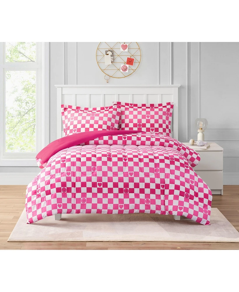 Alex + Bella Checkerboard Hearts Hot Pink 2-Piece Ultra Soft Microfiber Comforter Set - Twin