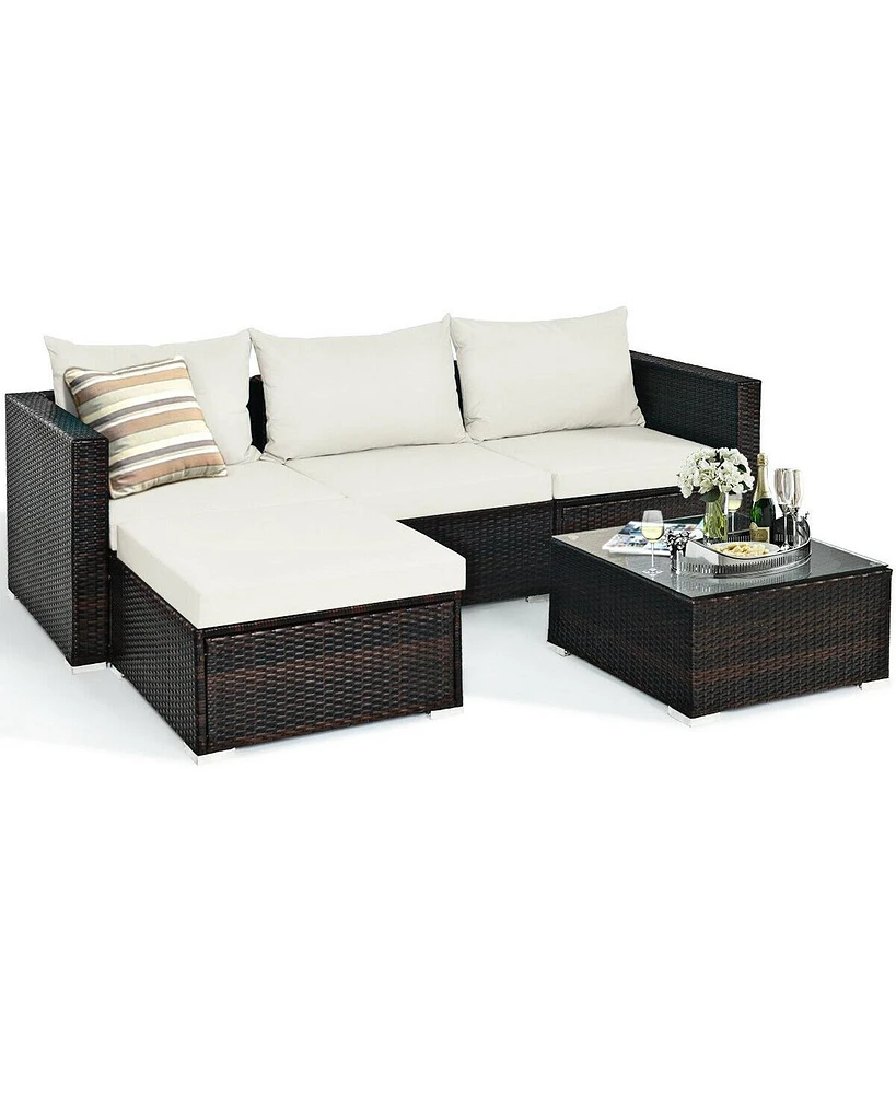 Sugift 5 Pieces Patio Rattan Furniture Set with Coffee Table-Off White