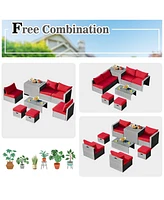 Sugift 8 Pieces Patio Rattan Furniture Set with Storage Waterproof Cover and Cushion-Red