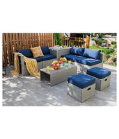 Sugift 8 Pieces Patio Rattan Furniture Set with Storage Waterproof Cover and Cushion-Navy