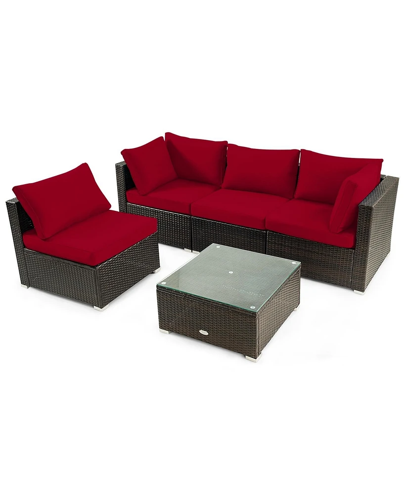 Sugift 5 Pieces Cushioned Patio Rattan Furniture Set with Glass Table-Red