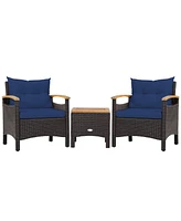 Sugift 3 Pieces Patio Rattan Furniture Set with Removable Cushion-Navy