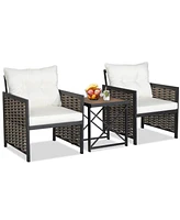 Sugift 3 Pieces Patio Rattan Furniture Set with Acacia Wood Tabletop-White