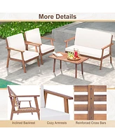 Sugift 4 Piece Outdoor Acacia Wood Conversation Set with Soft Seat and Back Cushions-White