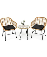 Sugift 3 Pieces Rattan Furniture Set with Cushioned Chair Table-Black