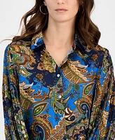 T Tahari Women's Printed Satin Button Pleated-Sleeve Blouse