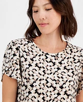 Ak Anne Klein Petite Gathered-Tulip Short-Sleeve Printed Top