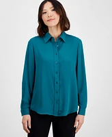 Ak Anne Klein Petite Long-Sleeve Button-Front Utility Blouse