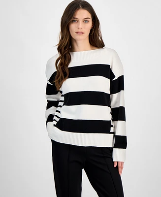 T Tahari Women's Mixed-Stripe Boat-Neck Long-Sleeve Sweater