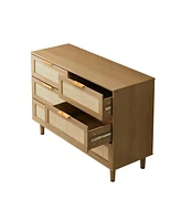 gaomon 6 Drawer Dresser With Natural Rattan Drawers, Tall Rattan Cabinet With Solid Wood Legs, Mid