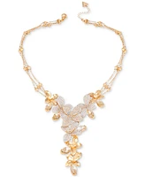 Guess Gold-Tone Pave & Marquise Stone Flower Statement Lariat Necklace, 18" + 2" extender