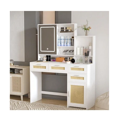 gaomon Makeup Vanity With Lights In 3 Colors And Openable Mirror, Vanity Desk With 4 Drawers, 1 Cabinets And Shelves, Vanity Table Rattan Vanity Dress