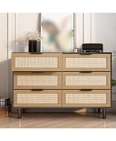 gaomon 6 Drawer Dresser With Natural Rattan Drawers, Tall Rattan Cabinet With Solid Wood Legs, Mid