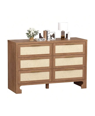 gaomon Modern 6 Drawer Double Dresser For Bedroom, Modern Wooden Dresser Chest With Golden Handles, Beside Table For Closet, Living Room And Entryway