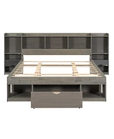 Slickblue Queen Wood Platform Bed with Multi-Storage Headboard and Built-In Drawer