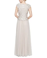 Alex Evenings Women's Embroidered Cap-Sleeve Tulle Gown