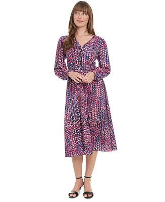 London Times Petite Printed Smocked-Waist Dress