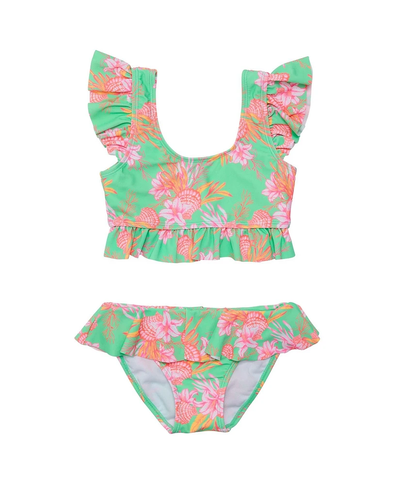 Snapper Rock Little Girls Coastal Shells Sustainable Frilled Crop Bikini