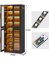 Tribesigns Tall Shoe Cabinet with Acrylic Doors and Led Lights, 8-Tier Entryway Storage Rack Adjustable Shelves Hanging Hooks for Narrow