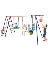 550 Lbs 6-in-1 Patio Kids Swing Set – Climbing Net, Ladder & Basketball Hoop