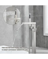 Flynama Single-Handle Free Standing Waterfall Tub Filler Bathroom Tub Faucet with Handheld Shower in Brushed Nickel