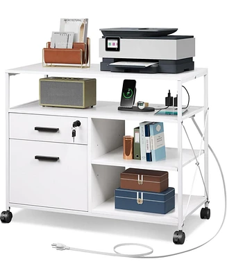 2 Drawer Locking File Cabinet with Charging Station, Rolling Printer Stand with Open Storage Shelf, Lateral Filing Cabinet fit A4/Letter Size for Home