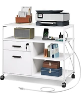 2 Drawer Locking File Cabinet with Charging Station, Rolling Printer Stand with Open Storage Shelf, Lateral Filing Cabinet fit A4/Letter Size for Home