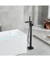 Flynama Single Handle Free Standing Waterfall Tub Filler Bathroom Tub Faucet with Handheld Shower in Matel Black