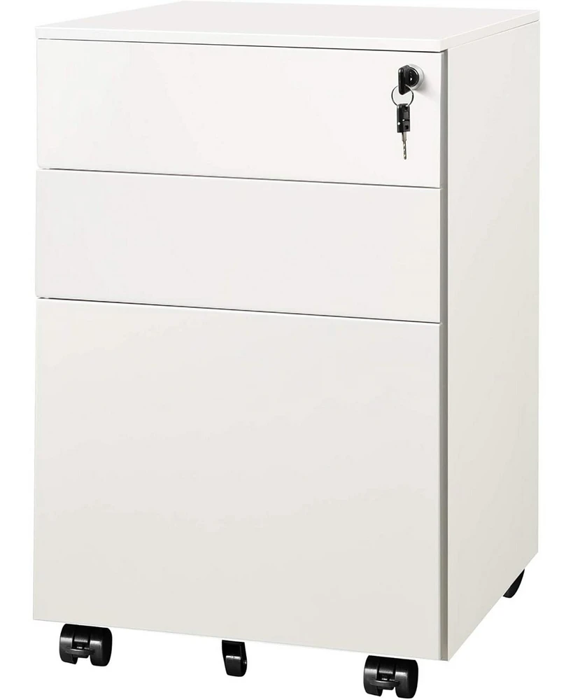 Devaise Locking File Cabinet, 3 Drawer Rolling Pedestal Under Desk Office, Fully Assembled Except Casters, White