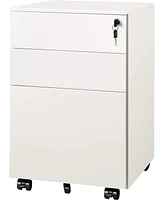 Devaise Locking File Cabinet, 3 Drawer Rolling Pedestal Under Desk Office, Fully Assembled Except Casters, White