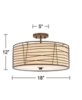 Franklin Iron Works Marlowe 18" Modern Industrial Semi Flush-Mount Ceiling Light Fixture Kitchen Foyer Hallway Drum Round Cage Brown Bronze Finish Met