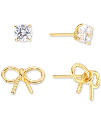 Macy's 2-Pc. Set Bow & Crystal Stud Earrings in 14k Gold Over Sterling Silver