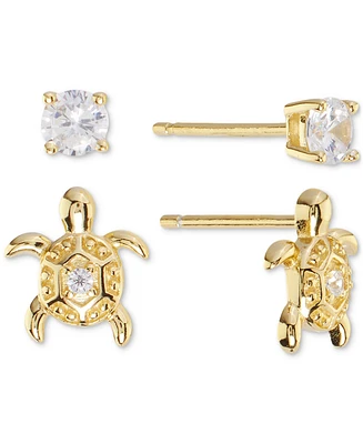 2-Pc. Set Cubic Zirconia Turtle & Solitaire Stud Earrings Sterling Silver (Also available 14k Gold over Silver)